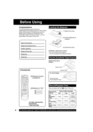 Page 44For assistance, please call : 1-800-211-PANA(7262) or send e-mail to : consumerproducts@panasonic.com4
Before Using
  Record/Playback Time
Only use tapes with the  
 mark in this unit.
Tape Speed 
Setting Type of Video Cassette 
T60 T120 T160
SP
(Standard 
Play)1 Hour 2 Hours2 Hours
40 Minutes
LP 
(Long Play) 2 Hours 4 Hours5 Hours20 Minutes 
SLP (Super Long 
Play)3 Hours 6 Hours 8 Hours
Congratulations
On your purchase of one of the most 
sophisticated and reliable products on the market 
today. Used...