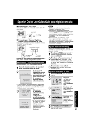 Page 656565
For Your  Information
■  Conexión para Ant./CableConecte Ant./Cable a la entrada de antena de la TV 
(VHF/UHF).
Conecte por favor todas las conexiones del cable o 
de la antena antes de energizar los aparatos.
1
Conecte el cable electrico de la unidad 
en el enchufe de pared de la CA. 
Realizando Con guración Inicial
2
Encienda la TV 
mediante el control 
o directamente en 
la unidad. La unidad 
inicia la busqueda 
de canales y 
ajusta el tiempo 
automaticamente.
VHF/UHF
Ant./CableVHF/UHF...