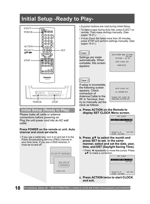 Page 1818For assistance, please call : 1- 800-211- PANA(7262) or, contact us via the web at:http://w w w.panasonic.com /contactinfo
Please make all cable or antenna 
connections before powering on.
Plug the unit power cord into an AC wall 
outlet.Settings are made 
automatically. When 
complete, this screen 
appears.
If setup is incomplete, 
the following screen 
appears. Check 
connection of 
Antenna/Cable to the 
RF in Terminal, then 
try to manually set the 
clock as follows.
a.  Press ACTION on the Remote...