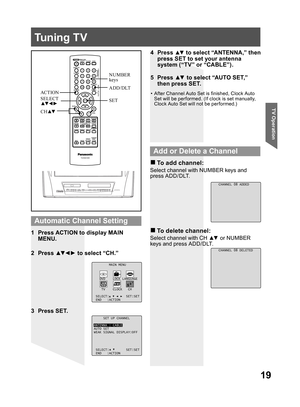 Page 1919
TV Operation
5 Press ▲▼ to select “AUTO SET,” 
then press SET.
•  After Channel Auto Set is finished, Clock Auto 
Set will be performed. (If clock is set manually, 
Clock Auto Set will not be performed.)
2 Press ▲▼ ◄ ► to select “CH.”
3 Press SET. 1  Press ACTION to display MAIN 
MENU.
