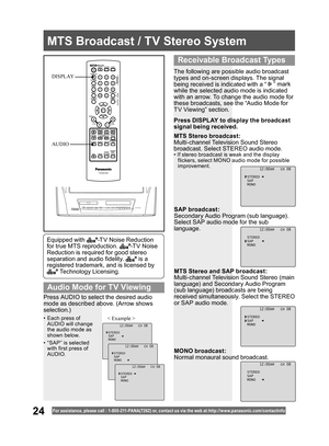 Page 2424For assistance, please call : 1- 800-211- PANA(7262) or, contact us via the web at:http://w w w.panasonic.com /contactinfo
The following are possible audio broadcast 
types and on-screen displays. The signal 
being received is indicated with a “ 
 ” mark 
while the selected audio mode is indicated 
with an arrow. To change the audio mode for 
these broadcasts, see the “Audio Mode for 
TV Viewing” section.
Press DISPLAY to display the broadcast 
signal being received.
MTS Stereo broadcast:
Multi-channel...