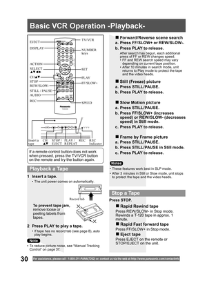 Page 3030For assistance, please call : 1- 800-211- PANA(7262) or, contact us via the web at:http://w w w.panasonic.com /contactinfo
1  Insert a tape.
•  The unit power comes on automatically.
2  Press PLAY to play a tape.
•  If tape has no record tab (see page 8), auto 
play begins.
To prevent tape jam,
remove loose or 
peeling labels from 
tapes.
a.  Press FF/SLOW+ or REW/SLOW-.
b. Press PLAY to release.
  After search has begun, each additional 
press of FF or REW changes speed.
•  FF and REW search speed may...