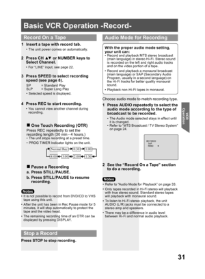 Page 3131
VCR 
Operation
2 Press CH ▲▼ or NUMBER keys to 
Select Channel.
•  For “LINE” input, see page 22.
3  Press SPEED to select recording 
speed (see page 8).
4  Press REC to start recording.
•  You cannot view another channel during 
recording.
•  It is not possible to record from DVD/CD to VHS 
tape using this unit.
•  After the unit has been in Rec Pause mode for 5 
minutes, it will stop automatically to protect the 
tape and the video head.
•  The remaining recording time of an OTR can be 
displayed by...