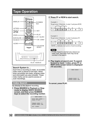 Page 3232For assistance, please call : 1- 800-211- PANA(7262) or, contact us via the web at:http://w w w.panasonic.com /contactinfo
1  Press SEARCH in Playback or Stop 
mode to display INDEX SEARCH 
screen, and then press NUMBER 
keys to select the recording number.
Go directly to the desired recording.
•  If Index Search is started very close to an 
index mark, that index mark may not be 
counted in the search.
3  Play begins at search end. To search 
forward or back 1 index, press FF or 
REW while screen...