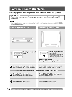 Page 3838For assistance, please call : 1- 800-211- PANA(7262) or, contact us via the web at:http://w w w.panasonic.com /contactinfo
1
Insert pre- recorded 
tape.Insert blank tape with 
record tab.
•  Dubbing tapes protected 
with Copy Guard will 
have poor quality results.
2
3
4Press PLAY, then press PAUSE at 
starting point to put in Standby mode.
Press PLAY to start dubbing.
Playing Source unit start playback.
Press STOP to stop dubbing.Select “LINE” mode.
See page 22 “Selecting Input Mode”.
Press REC, then...