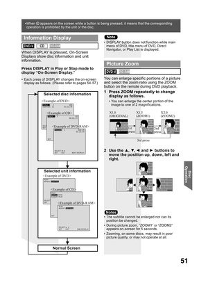 Page 5151
Disc 
Operation
You can enlarge specific portions of a picture 
and select the zoom ratio using the ZOOM 
button on the remote during DVD playback.
1  Press ZOOM repeatedly to change 
display as follows.
•  You can enlarge the center portion of the 
image to one of 2 magnifications.
•  The subtitle cannot be enlarged nor can its 
position be changed.
•  During picture zoom, “ZOOM1” or “ZOOM2” 
appears on-screen for 5 seconds.
•  Zooming, on some discs, may result in poor 
picture quality, or may not...