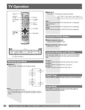 Page 2020
TV Operation
For assistance, please call : 1-800-211-PANA(7262) or, contact us via the web at:http://www.panasonic.com/contactinfo
„ Method  1:
Press CH xz. The display will change as follows.
„ Select desired channel:
Press CH xz or NUMBER keys.
„ Adjust desired volume level:
Press VOL + or VOL -.
CHxz
100 key
Selecting Input Mode
Using the CH/VOL Button
VOL+/- RAPID
TUNEMUTE
„ Method  2:
Press INPUT. The display will change as follows.INPUT
AV Input Terminal 2
Notes:•  The diagram at right is...