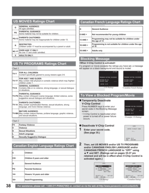 Page 3838For assistance, please call : 1-800-211-PANA(7262) or, contact us via the web at:http://www.panasonic.com/contactinfo
G General Audience
8 ANS + Not recommended for young children
13 ANS +Programming may not be suitable for children under 
the age of 13
16 ANS +Programming is not suitable for children under the age 
of 16
18 ANS + Adults only
C Children
C8+ Children 8 years and older
G General Audience
PG Parental Guidance
14+ Viewers 14 years and older
18+ Adult Programming
FV Fantasy Violence
V...