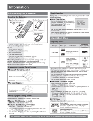 Page 66
Information
For assistance, please call : 1-800-211-PANA(7262) or, contact us via the web at:http://www.panasonic.com/contactinfo
•  Insert so the poles (+ and - ) match those in the Remote Control.
•  Do not use rechargeable type batteries.
Do not:•  Mix old and new batteries.
•  Use different types at the same time.
•  Heat or expose to flame.
•  Take apart or short circuit.
•  Attempt to recharge alkaline or manganese batteries.
•  Use batteries if the covering has been peeled off.
Mishandling of...