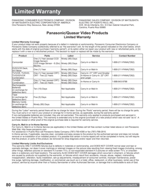 Page 8080
Limited Warranty
For assistance, please call : 1-800-211-PANA(7262) or, contact us via the web at:http://www.panasonic.com/contactinfo
PANASONIC CONSUMER ELECTRONICS COMPANY, DIVISION 
OF MATSUSHITA ELECTRIC CORPORATION OF AMERICA
One Panasonic Way Secaucus, New Jersey 07094PANASONIC SALES COMPANY, DIVISION OF MATSUSHITA 
ELECTRIC OF PUERTO RICO, INC.,
AVE. 65 de Infantería, Km. 9.5 San Gabriel Industrial Park, 
Carolina, Puerto Rico 00985
Panasonic/Quasar Video Products
Limited Warranty
Limited...