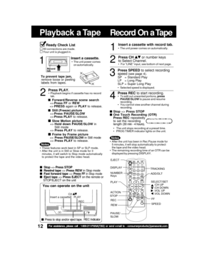 Page 1212For assistance, please call : 1-800-211-PANA(7262) or send e-mail to : consumerproducts@panasonic.com
Record On a Tape Playback a Tape
1
Insert a cassette.
Press PLAY.• Playback begins if cassette has no record
tab.2
 The unit power comes
on automatically.
To prevent tape jam,
Record
tab
Stop => Press STOP
Rewind tape => Press REW in Stop mode
Fast forward tape =>
 Press FF in Stop modeEject tape => Press EJECT on the remote or
STOP/EJECT on the unit
Ready Check List
All connections are made.
Your...