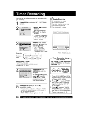 Page 2020For assistance, please call : 1-800-211-PANA(7262) or send e-mail to : consumerproducts@panasonic.com
Press PROG  (or
ACTION) to end the
program.
To Enter More Programs,
press  to select
and  to set a blank
program number, and
then repeat step 3.
4
Timer Recording
You can set up to 8 programs to be recorded while
you are away.
1
2
3
Ready Check List
All connections are made.
Your unit is plugged in.
The clock is set to correct time.
The tape is long enough.
The record tab is in place.
SELE CT  START...