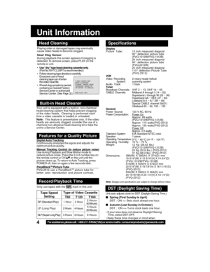 Page 44For assistance, please call : 1-800-211-PANA(7262) or send e-mail to : consumerproducts@panasonic.com
V I DEO  HEADS  MAY
NEED  CLEAN I NG  PL EASE   I NSERT  HEAD CLEAN I NG  CASSETTE 
OR  REFER   TO  MANUAL 
END : PLAY  KEY
Head Cleaning
Record/Playback Time
Only use tapes with the  mark in this unit.
SP (Standard Play)2 Hours40 Minutes1 Hour
5 Hours20 Minutes2 Hours LP (Long Play)
3 Hours 8 Hours SLP (Super Long Play)
Type of Video Cassette
Tape Speed
Setting
T160 T60Unit auto adjusts clock for DST...