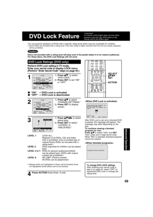 Page 5959
Advanced Operation
1
1) Press   
* to select 
“DVD LOCK.”
2) Press SET to set “ON” 
or “OFF.”
DVD Lock Ratings (DVD only)
■ “ON” ➞ DVD Lock is activated.
■ “OFF” ➞ DVD Lock is deactivated.
LEVEL 1: LOCK ALL:
Playback of all DVDs, CDs and Video 
CDs is prohibited. (Use to prohibit play of 
mature theme DVDs not encoded with a 
rating level.)
LEVEL 2:  DVDs expressly for children can be played 
back.
LEVEL 3 to 7:  DVDs for general audiences/children 
can be played back. (DVDs with mature 
content are...