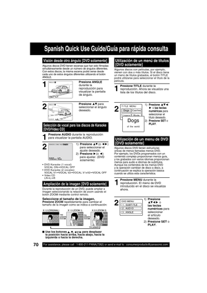 Page 7070For assistance, please call : 1-800-211-PANA(7262) or send e-mail to : consumerproducts@panasonic.com
1
2
Presione AUDIO durante la reproducción 
para visualizar la pantalla AUDIO.
1) Presione ▲▼ (o ◄►) 
para seleccionar el 
ajuste deseado.
2) Presione ► 
(o ◄) 
para ajustar. (DVD 
solamente)
Selección de vocal para los discos de Karaoke 
[DVD/Video CD]
Durante la reproducción de un DVD, puede ampliar a 
imagen seleccionando la relación de zoom usando el 
botón ZOOM mediante control remoto.
Seleccione...