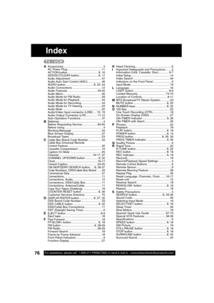 Page 7676For assistance, please call : 1-800-211-PANA(7262) or send e-mail to : consumerproducts@panasonic.com
TV / VCR
Index
A Accessories ................................................. 4
     AC Power Plug........................................... 11
     ACTION button ...................................... 8, 16
     ADD/DLT/CLEAR button........................ 8, 17
     Audio Adjustment ...................................... 47
     Audio Auto Gain Control (AGC) ................. 46
     AUDIO button...