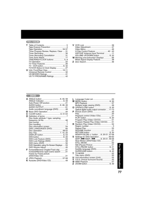 Page 7777
For Your  Information
DVD
TV / VCR
A  ANGLE button ................................. 8, 49, 58
     ANGLE Indicator.................................... 9, 49
     Auto-Power Off function ............................. 21
     AUDIO button .................................. 8, 48, 49
     AUDIO OUTPUT........................................ 61
     Audio soundtrack language (DVD) ............ 48
B  Basic DVD Operation................................. 20C CLEAR button......................................