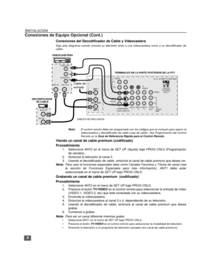 Page 388
INSTALACIÓN
Conexiones de Equipo Opcional (Cont.)
Conexiones del Decodificador de Cable y Videocastera
Siga este diagrama cuando conecte su televisión tanto a una videocasetera como a un decodificador de
cable.
Nota:El control remoto debe ser programado con los códigos que se incluyen para operar la
videocasetera y decodificador de cable (caja de cable). Vea Programación del Control
Remoto en la Guía de Referencia Rápida para el Control Remoto.
Viendo un canal de cable premium (codificado)...