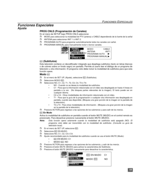 Page 4919
FUNCIONES ESPECIALES
Funciones Especiales
Ajuste
PROG CNLS (Programación de Canales)
En el menú de SETUP bajo PROG CNLS seleccione:  
rMODE para seleccionar la modalidad de PTV (antena) o CABLE dependiendo de la fuente de la señal
rANTENA para seleccionar ANT 1 ó ANT 2. 
rPROGRAMA AUTO para programar automáticamente todos los canales con señal.
rPROGRAMA MANUAL para manualmente incluir o borrar canales. 
 
(Subtítulos)
Esta televisión contiene un decodificador integrado que despliega subtítulos (texto...