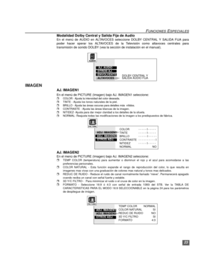 Page 5323
FUNCIONES ESPECIALES
Modalidad Dolby Central y Salida Fija de Audio
En el menú de AUDIO en ALTAVOCES seleccione DOLBY CENTRAL Y SALIDA FIJA para
poder hacer operar los ALTAVOCES de la Televisión como altavoces centrales para
transmisión de sonido DOLBY (vea la sección de instalación en el manual).  
IMAGEN
AJ. IMAGEN1
En el menú de PICTURE (Imagen) bajo AJ. IMAGEN1 seleccione:
rCOLOR - Ajusta la intensidad del color deseada.
rTINTE - Ajusta los tonos naturales de la piel.
rBRILLO - Ajusta las áreas...