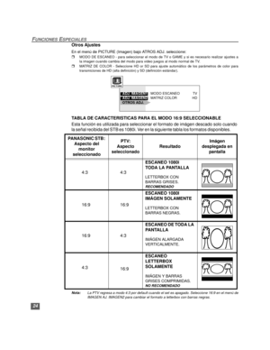 Page 5424
FUNCIONES ESPECIALES
Otros Ajustes
En el menú de PICTURE (Imagen) bajo ATROS ADJ. seleccione:
rMODO DE ESCANEO - para seleccionar el modo de TV o GAME y si es necesario realizar ajustes a
la imagen cuando cambia del modo para video juegos al modo normal de TV.
rMATRIZ DE COLOR - Seleccione HD or SD para ajuste automático de los parámetros de color para
transmiciones de HD (alta definición) y SD (definición estándar).
 
TABLA DE CARACTERISTICAS PARA EL MODO 16:9 SELECCIONABLE
Esta función es utilizada...