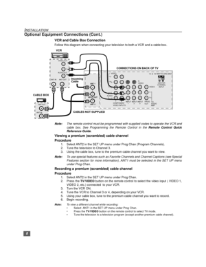Page 98
INSTALLATION
Optional Equipment Connections (Cont.)
VCR and Cable Box Connection
Follow this diagram when connecting your television to both a VCR and a cable box.
Note:The remote control must be programmed with supplied codes to operate the VCR and
cable box. See Programming the Remote Control in the Remote Control Quick
Reference Guide.
Viewing a premium (scrambled) cable channel
Procedure
1. Select ANT2 in the SET UP menu under Prog Chan (Program Channels).
2. Tune the television to Channel 3.
3....