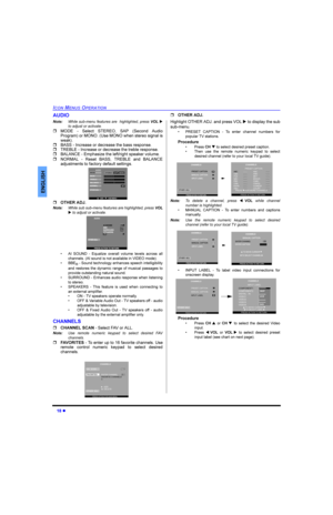 Page 20 l
,&210(18623(5$7,21
(1*/,6+
$8,2
1RWH:KLOHVXEPHQXIHDWXUHVDUHKLJKOLJKWHGSUHVV92/u
WRDGMXVWRUDFWLYDWH
r02(  6HOHFW 67(5(2 6$3 6HFRQG $XGLR
3URJUDPRU02128VH0212ZKHQVWHUHRVLJQDOLV
ZHDN
r%$66,QFUHDVHRUGHFUHDVHWKHEDVVUHVSRQVH
r75(%/(,QFUHDVHRUGHFUHDVHWKHWUHEOHUHVSRQVH
r%$/$1&((PSKDVL]HWKHOHIWULJKWVSHDNHUYROXPH
r1250$/  5HVHW %$66 75(%/( DQG %$/$1&(
DGMXVWPHQWVWRIDFWRU\GHIDXOWVHWWLQJV
r27+(5$-...