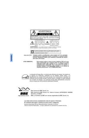 Page 30(63$f2/
&XDOTXLHU FDPELR R PRGLILFDFLyQ D HVWH UHFHSWRU GH 79 QR DSUREDGR
H[SUHVDPHQWH SRU 0DWVXVKLWD (OHFWULF &RUSRUDWLRQ RI $PHULFD SRGULD
SURYRFDU LQWHUIHUHQFLD GDxLQD TXH QXOLILFDUtD OD DXWRULGDG GHO XVXDULR
SDUDRSHUDUHVWHHTXLSR
5,(6*2(6$&8,$6
(/(&75,&$612$%5,5
$9(57(1&,$
$9(57(1&,$  $ ILQ GH UHGXFLU HO ULHVJR GH GHVFDUJRV HOpFWULFDV QR
GHEHUiQ TXLWDUVH QL OD FXELHUWD QL OD WDSD SRVWHULRU   1R KD\ HQ HO LQWHULRU SLH]D
DOJXQD TXH...