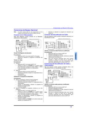 Page 35&21(;,21(6((48,3223&,21$/
l
(63$f2/
&RQH[LRQHVGH(TXLSR2SFLRQDO
1RWD(O FRQWURO UHPRWR GHEH GH VHU SURJUDPDQGR FRQ ORV
FRGLJRVVXPLQLVWUDGRVSDUDRSHUDUHTXLSRRSFLRQDO
&RQH[LyQGHOD9LGHRFDVHWHUD
6LJD HVWH GLDJUDPD FXDQGR FRQHFWH HQ VX WHOHYLVLyQ
VRODPHQWHODYLGHRFDVHWHUD
9LHQGRXQSURJUDPDGHWHOHYLVLyQ
3URFHGLPLHQWR
‡ 6HOHFFLRQH$17HQHOPHQ~GH6(783$MXVWH
‡ 6LQWRQL]H OD WHOHYLVLyQ DO SURJUDPD GH WHOHYLVLyQ TXH
GHVHDYHU
9LHQGRXQYtGHR
3URFHGLPLHQWR...