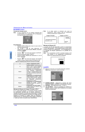 Page 52l
23(5$&,Ï1(/0(18(,&2126
(63$f2/
%/248(2FRQW
)UDQFpVGH&DQDGDFRQW
1RWD( 6L VH VHOHFFLRQD ³6,´ VH UHFLELUiQ SURJUDPDV 12
&/$6,),&$26 6L VH VHOHFFLRQD ³12´ VH EORTXHDUiQ
ORVSURJUDPDV12&/$6,),&$26
3URFHGLPLHQWR
‡ 3UHVLRQH&+qy&+p SDUD PRYHU HO FXUVRU HQWUH OD
GLIHUHQWHVFODVLILFDFLRQHV
‡8VHt92/y92/u SDUD VHOHFFLRQDU ODV
FODVLILFDFLRQHVTXHGHVHDEORTXHDU52-2\GHVDFWLYDU
HOEORTXHR9(5(
‡ 3UHVLRQHGRVYHFHVSDUDUHJUHVDU9&+,36(7
‡...