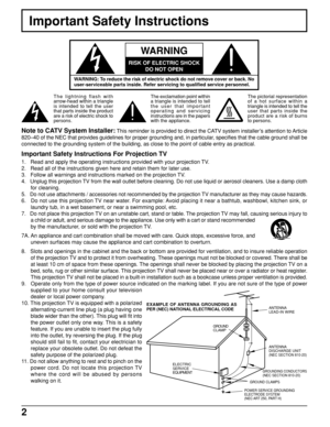 Page 22
Important Safety Instructions
WARNING: To reduce the risk of electric shock do not remove cover or back. No
user-serviceable parts inside. Refer servicing to qualified service personnel.
The lightning flash with
arrow-head within a triangle
is intended to tell the user
that parts inside the product
are a risk of electric shock to
persons.The exclamation point within
a triangle is intended to tell
the user that important
operating and servicing
instructions are in the papers
with the appliance.
Note to...