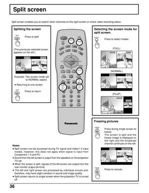 Page 3636
(The previously selected screen
appears on the left.)
Split screen
LIGHT
MUTE TV/VIDEOPOWER
VCR
DVDAUXRCVR
DBSTV
DTVCBL
CH
SLOWSTILL
123
456
789
0
R-TUNE PROG
AV-ADJNORMALGAME
RH-SPLIT
EXITVCR RECGUIDE
REWSEARCH
STOPPLAY
VCR/DBS CHANNEL
ACTIONVOL VOL
CH MENU
INFO/RECALL
ASPECT
OPEN/CLOSE
FREEZETV/VCR
SPLITFF
SWAPPAUSE
TV/VIDEO
RH-SPLIT
Split screen enables you to search other channels on the right screen or check video recording status.
Splitting the screen
SPLITFFPress to splitPress to select modes....