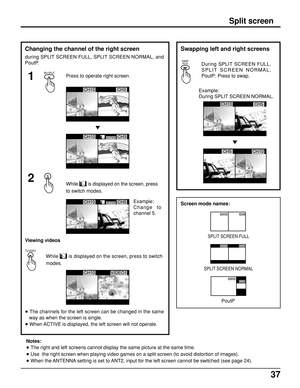 Page 3737
Screen mode names:
SPLIT SCREEN FULL
1
Changing the channel of the right screen
during SPLIT SCREEN FULL, SPLIT SCREEN NORMAL, and
PoutP.
RH-SPLITPress to operate right screen.
5
While  
is displayed on the screen, press
to switch modes.
Example:
Change  to
channel 5.
Viewing videos
While 
 
is displayed on the screen, press to switch
modes.
• The channels for the left screen can be changed in the same
way as when the screen is single.
• When ACTIVE is displayed, the left screen will not operate....