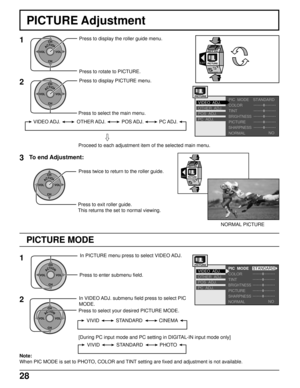 Page 2828
PICTURE Adjustment
1
ACTIONCH
CH VOL VOLPress to display the roller guide menu.
Press to rotate to PICTURE.
2Press to display PICTURE menu.
Press to select the main menu.
PIC  MODE
COLOR
TINT
BRIGHTNESS
PICTURE
SHARPNESS
NORMAL
VIDEO  ADJ.STANDARD
NO
OTHER  ADJ.
POS  ADJ.
PC  ADJ.
PICTURE MODE
EXIT
SET UP
Proceed to each adjustment item of the selected main menu.
ACTIONCH
CH VOL VOL
VIDEO ADJ. OTHER ADJ. POS ADJ. PC ADJ.
ACTIONCH
CH VOL VOL
In VIDEO ADJ. submenu field press to select PIC
MODE.
Press...