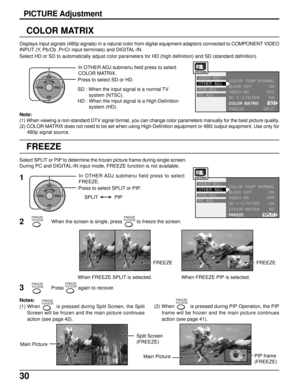 Page 3030
FREEZE
ACTIONCH
CH VOL VOL
In OTHER ADJ submenu field press to select
FREEZE.
Press to select SPLIT or PIP.
SPLIT PIP1
Select SPLIT or PIP to determine the frozen picture frame during single screen.
During PC and DIGITAL-IN input mode, FREEZE function is not available.
FREEZE
FREEZETV/VCR
FREEZE
2When the screen is single, press FREEZETV/VCR to freeze the screen.
When FREEZE SPLIT is selected. When FREEZE PIP is selected.
3
FREEZETV/VCRPress FREEZETV/VCR again to recover.
Notes:
(1) When 
FREEZETV/VCR...