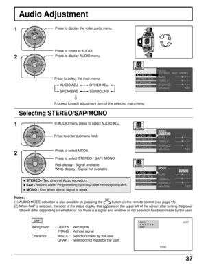 Page 3737
MODE
BASS
TREBLE
BALANCE
NORMAL
OTHER  ADJ.
SURROUND
SPEAKERS AUDIO  ADJ.
MONO
NO
• STEREO - Two channel Audio reception.
• SAP - Second Audio Programming (typically used for bilingual audio).
• MONO - Use when stereo signal is weak.
Selecting STEREO/SAP/MONO
Red display - Signal available
White display - Signal not available Press to select STEREO / SAP / MONO.
Notes:
(1) AUDIO MODE selection is also possible by pressing the 
SAP button on the remote control (see page 15).
(2) When SAP is selected,...