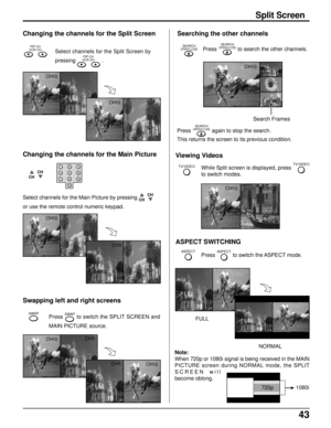 Page 4343
SWAP
CHCH
123
456
78
09TV/VIDEO
Changing the channels for the Split Screen
PIP CH
VCR CHSelect channels for the Split Screen by
pressing PIP CH
VCR CH .
Swapping left and right screens
Press SWAP to switch the SPLIT SCREEN and
MAIN PICTURE source.
Changing the channels for the Main Picture
Select channels for the Main Picture by pressing CHCH
or use the remote control numeric keypad.
Viewing Videos
While Split screen is displayed, press TV/VIDEO
to switch modes.
Split Screen
CH10VIDEO 1
Search Frames...