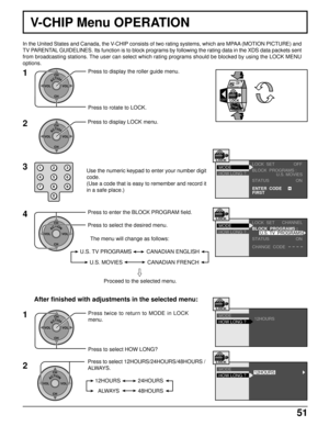 Page 5151
In the United States and Canada, the V-CHIP consists of two rating systems, which are MPAA (MOTION PICTURE) and
TV PARENTAL GUIDELINES. Its function is to block programs by following the rating data in the XDS data packets sent
from broadcasting stations. The user can select which rating programs should be blocked by using the LOCK MENU
options.
V-CHIP Menu OPERATION
1
ACTIONCH
CH VOL VOLPress to display the roller guide menu.
Press to rotate to LOCK.
2
ACTIONCH
CH VOL VOLPress to display LOCK menu....