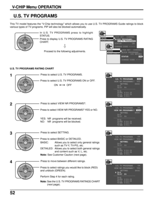 Page 5252
U.S. TV PROGRAMS
This TV model features the “V-Chip technology” which allows you to use U.S. TV PROGRAMS Guide ratings to block
various types of TV programs. PIP will also be blocked automatically.
ACTIONCH
CH VOL VOL
In U.S. TV PROGRAMS press to highlight
STATUS.
Press to display U.S. TV PROGRAMS RATING
CHART.
Proceed to the following adjustments.
U.S. TV PROGRAMS RATING CHART
1
ACTIONCH
CH VOL VOL
Press to select U.S. TV PROGRAMS.
Press to select U.S. TV PROGRAMS ON or OFF.
ON OFF
2
ACTIONCH
CH VOL...