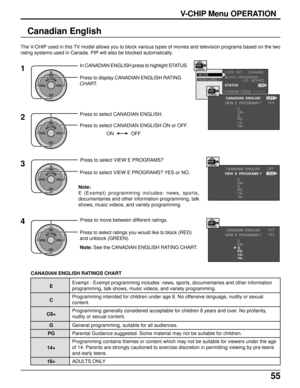 Page 5555
Canadian English
The V-CHIP used in this TV model allows you to block various types of movies and television programs based on the two
rating systems used in Canada. PIP will also be blocked automatically.
ACTIONCH
CH VOL VOL
In CANADIAN ENGLISH press to highlight STATUS.
Press to display CANADIAN ENGLISH RATING
CHART.1
ACTIONCH
CH VOL VOL2
Press to select CANADIAN ENGLISH ON or OFF.
ON OFF
ACTIONCH
CH VOL VOL3Press to select VIEW E PROGRAMS?
Press to select VIEW E PROGRAMS? YES or NO.
Note:
E...