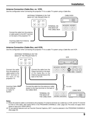 Page 99
Installation
Antenna Connection (Cable Box, no  VCR)
Use this configuration when connecting the projection TV to a cable TV system using a Cable Box.
ANT1 ANT2
SPLIT
OUT
ANT INPUT
ANT OUTPUT
Incoming Cable from Antenna
or Cable TV System Connect the cable from the antenna
or cable system to the ANT1 terminal
on the back of the projection TV.ANTENNA TERMINALS ON THE
BACK OF THE PROJECTION TVCABLE BOX
TERMINAL ON
THE BACK OF
THE CABLE BOX
Notes:
(1) When the antenna cable is connected to the projection...