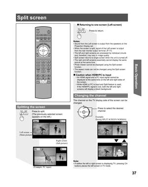 Page 3737
Basic Operation
POWER
SAP
LIGHT
MENU
123
45
6
78
09
RETURN
CH
CH VOL VOL
R-TUNE
REW
TV/VCRSPLIT       SWAP
DVD/VCR CH
OPEN/CLOSE
PLAY
PA U S E S T O P R E CFF
PROG
TV/VIDEOSLEEP EXIT
TV VCR DVD
DTV RCVR
DBS/CBLAUX
OK
MUTE     ASPECT    FAVORITE    RECALL
Notes:
• Sound from the Left screen is output from the speakers on the 
Projection Display set.
• When the screen is split, signal of the Left screen is output 
from the rear monitor output terminal. (P.17).
• The left and right screens are processed...