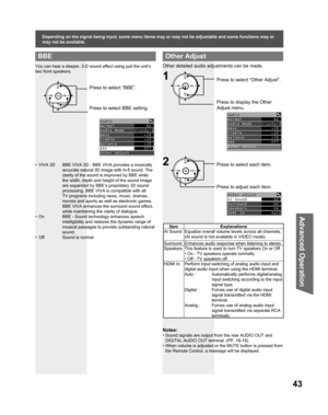 Page 4343
Advanced Op er a tion
Notes:
• Sound signals are output from the rear AUDIO OUT and 
DIGITAL AUDIO OUT terminal. (PP. 18-19).
• When volume is adjusted or the MUTE button is pressed from 
the Remote Control, a message will be displayed.
Other Adjust
Press to select “Other Adjust”.
Press to display the Other 
Adjust menu.CH
CH VOL VOL
OK1
Press to select each item.
Press to adjust each item.2CH
CH VOL VOL
OK
Item Explanations
AI Sound Equalize overall volume levels across all channels. 
(AI sound is...