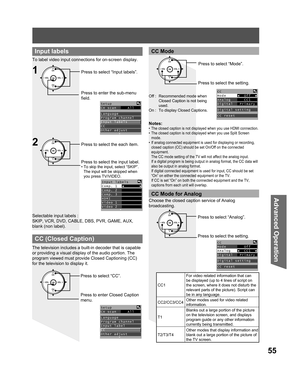 Page 5555
Advanced Op er a tion
Input labels
To label video input connections for on-screen display.
Input labels
Comp. 1  ◄       ► 
Comp. 2
Comp. 3
HDMI
Video 1
Video 2
Setup
CH scan     All   
Language
Program channel
Input labels
CC
Other adjust
CH
CH VOL VOL
OK
CH
CH VOL VOL
OK
Press to select “Input labels”.
Press to enter the sub-menu 
field.
Press to select the each item.
Press to select the input label.
• To skip the input, select “SKIP”. 
The input will be skipped when 
you press TV/VIDEO.
Selectable...