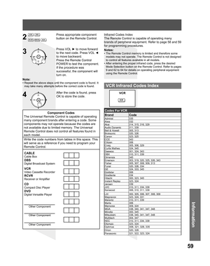 Page 5959
Information
3
4 2
Press appropriate component 
button on the Remote Control.
Press VOL ► to move forward 
to the next code. Press VOL ◄ 
to move backward.
Press the Remote Control 
POWER to test the component. 
If the procedure was 
successful, the component will 
turn on.
After the code is found, press 
OK to store the code.
Component Codes
The Universal Remote Control is capable of operating 
many component brands after entering a code. Some 
components may not operate because the codes are 
not...