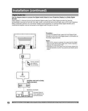 Page 18For assistance, please call : 1-888-VIEW PTV(843-9788) or, contact us via the web at: http://www.panasonic.com/contactinfo18
Use the diagram below to connect the Digital  Audio Output of your Projection Display to a Dolby Digital 
decoder.
  Dolby Digital 5.1 channel surround sound delivers digital-quality sound. Dolby Digital provides five discrete 
full-bandwidth channels for front left, front right, center, surround left and surround right, plus a LFE (Low Frequency 
Effect) subwoofer channel, For a...