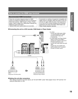 Page 1919
Getting Start ed
HDMI OUT HDMI OUTAUDIO IN
How to connect the  HDMI input terminal
Recommended HDMI Connections
Follow the connection diagrams below for HDMI 
control of a single AV equipment such as a Panasonic 
DIGA-DVD recorder, RAM Theater or Player Theater 
system. Refer to page 56 for Setup Menu settings and 
additional control information.
• Optional HDMI and/or optical cables are not provided.
If connection (or setting) of equipment compatible with 
HDMI control is changed, switch the power of...