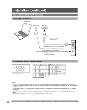 Page 22For assistance, please call : 1-888-VIEW PTV(843-9788) or, contact us via the web at: http://www.panasonic.com/contactinfo22
Installation (continued)
How to connect the  PC IN Terminals
Notes:
• Some PC models cannot be connected to the set. A conversion adapter is required to use the RGB cable (D-SUB 15P) (Not 
included) to connect a Macintosh computer to the set. There is no need to use an adapter for computers with PC / AT compatible 
D-SUB 15P terminal.
• The computer shown in the illustration is for...