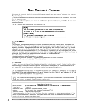 Page 4For assistance, please call : 1-888-VIEW PTV(843-9788) or, contact us via the web at: http://www.panasonic.com/contactinfo4
Welcome to the Panasonic family of customers. We hope that you will have many years of enjoyment from your new 
Projection Display.
To obtain maximum benefit from your set, please read these Instructions before making any adjustments, and retain 
them for future reference.
Retain your purchase receipt also, and record the serial number of your set in the space provided on the rear...