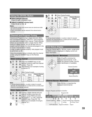 Page 3333
Basic Operation
Channel and Program tuning in digital television differs 
from conventional television. With  DTV, many programs 
can exist within a single 6 MHz channel. These channels 
behave as sub-channels within a single channel. When 
tuning to a digital channel, the unit will also tune to a 
program and will indicate the channel and program in the 
on-screen Channel Banner display.
In order to select channels properly, Auto program must 
be performed. (p. 29)
Follow the procedure below to...